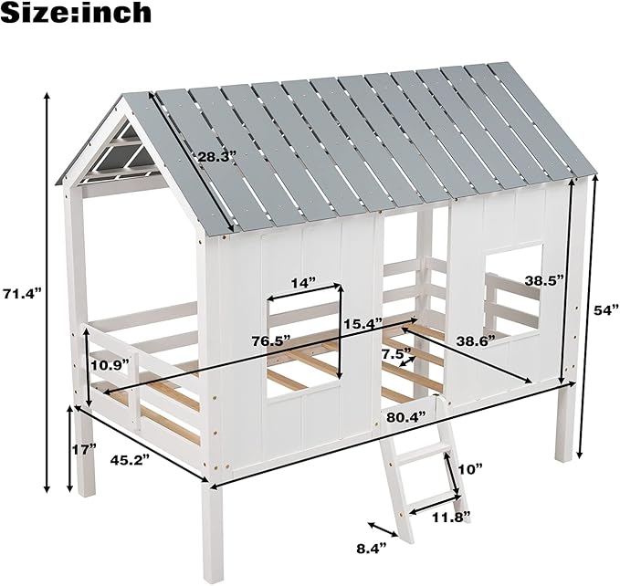 Merax Twin Size Wooden House Bed, Low Loft Bed Frames with Two Front Windows and Roof for Girls and Boys, White(Grey Roof)
