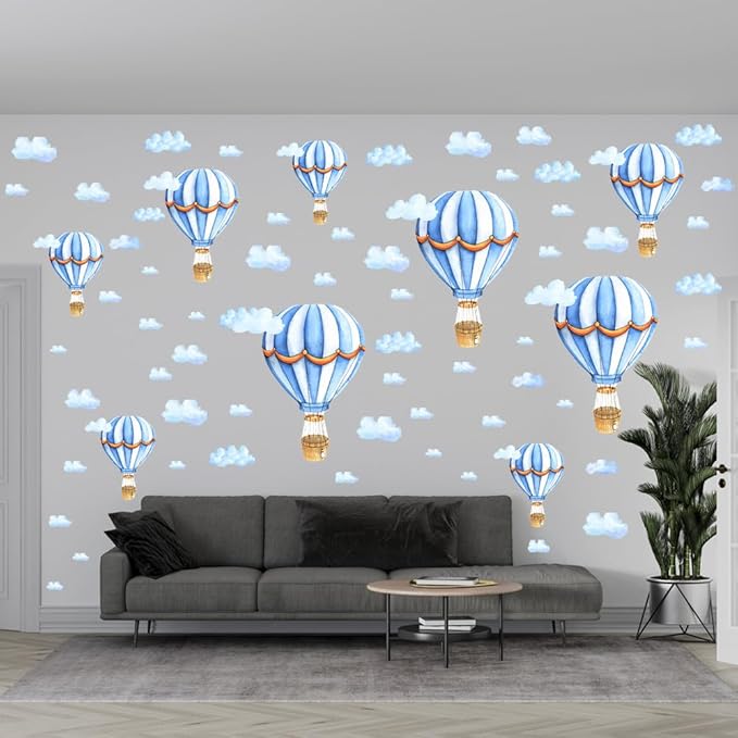 Large Hot Air Balloon Peel and Stick Removable Wall Decals - Blue Clouds Vinyl Stickers, Self-Adhesive Kids Room Art Murals Decor for Baby Nursery, Bedroom, Playroom Decoration