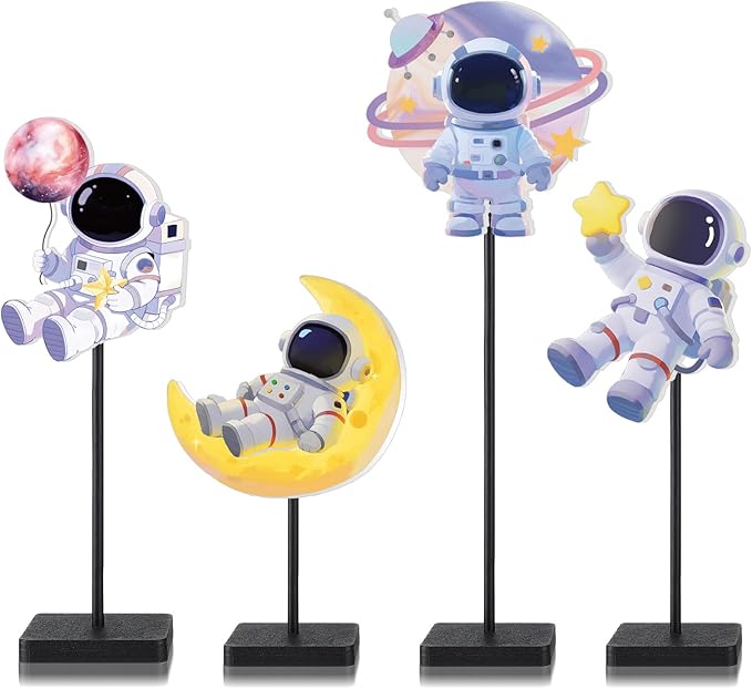 Outer Space Centerpieces for Tables Decorations, Blue White Wooden Astronaut Statues Figurines Set of 4, Space Theme Birthday Baby Shower Party Supplies Decor for Boy Nursery Room Self Desk Home