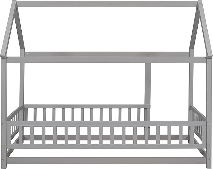 Bellemave Twin Size House Floor Bed Frame,Wooden Montessori Floor Bed with Fence for Kids,Twin Size Kids Bed,Gray