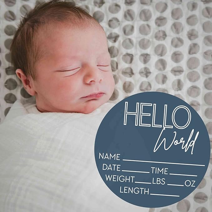 Hello World Newborn Sign - Baby Name Birth Announcement Plaque for Hospital - Photo Prop - Blue Nursery Decor - Shower Gift