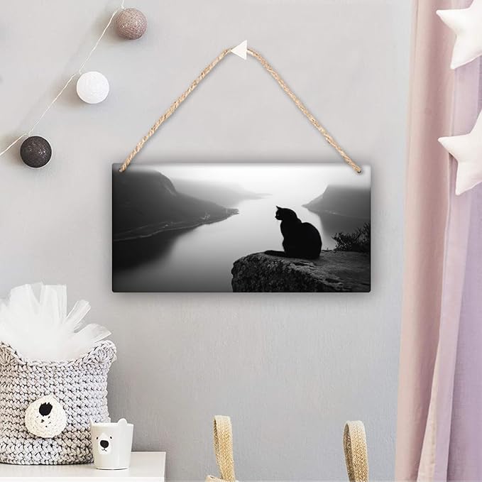 Monochrome Cat Landscape Wooden Sign 12x6 Inch, Farmhouse Wood Wall Decor Wood Plaque for Bedroom, Nursery & Kitchen, Ideal Home Decor for Pet Enthusiasts & Art Lovers