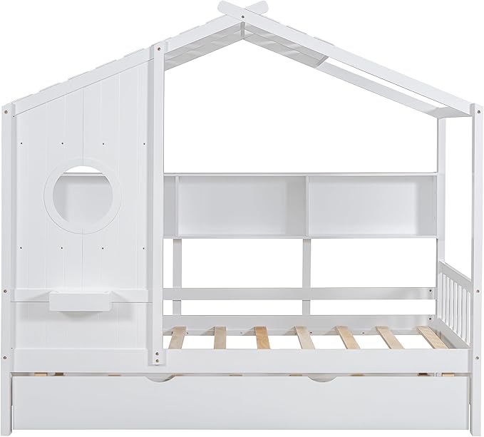 Twin Size House Bed with Trundle for Kids,Twin Kids Bed Frame with Storage Shelves,Wood House Bed Frame for Girls,Boys,Can be Decorated,White