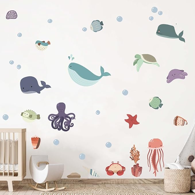 Sea Life Wall Decals Removable Vinyl Ocean Decor Stickers for Boys Girls Bedroom Bathroom Baby Room Nursery Classroom Decoration