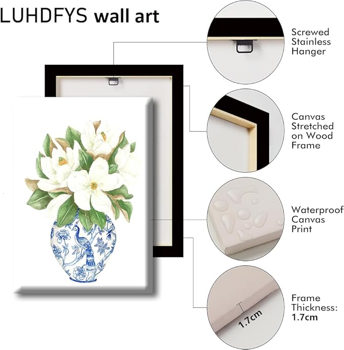 LUHDFYS Blue White Willow Style Ginger Jar Watercolor Chinoiserie Decor Canvas Painting Orchid Oriental Vase Porcelain Flower Jar Prints Wrapped Canvas (12x16Inch Wrapped Canvas)