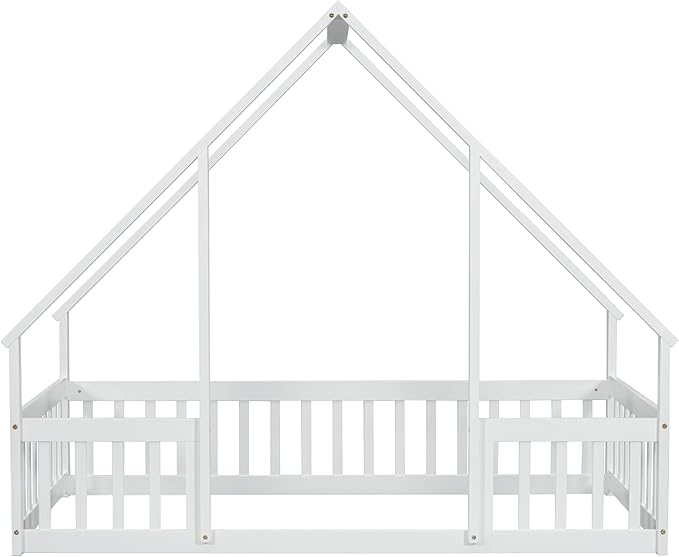 Bellemave Twin Floor Bed for Kids, Girls, Boys, Wood House Bed Frame, House Floor Bed for Kids, Twin Size Montessori Floor Bed with Fence, Playhouse, White