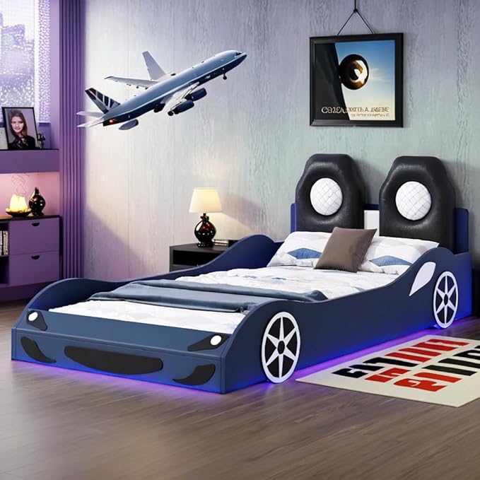 Kids Car Bed Frame Twin Size Car-Shaped Platform Bed with LED Lights and Upholstered Backrest, Solid Wood Car Bed Frame with Wheels and Guardrails for Boys Girls, Blue