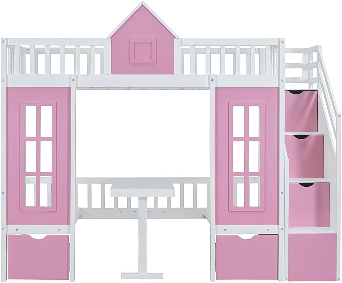 Playhouse Twin Size Loft Bed with Storage Staircase, Solid Wood Bunk Bed Frame with Guardrail for Kids Teens Boys Girls, Down Bed Convertible to Seats and Table Set (Pink-C)
