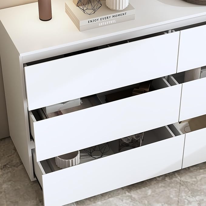 FAMAPY Chest of Drawers Dresser No Handles, 6 Drawer Dresser with Wide Storage, Modern 6-Drawer Chest, for Bedroom White 59”W x 15.7”D x 32.3”H