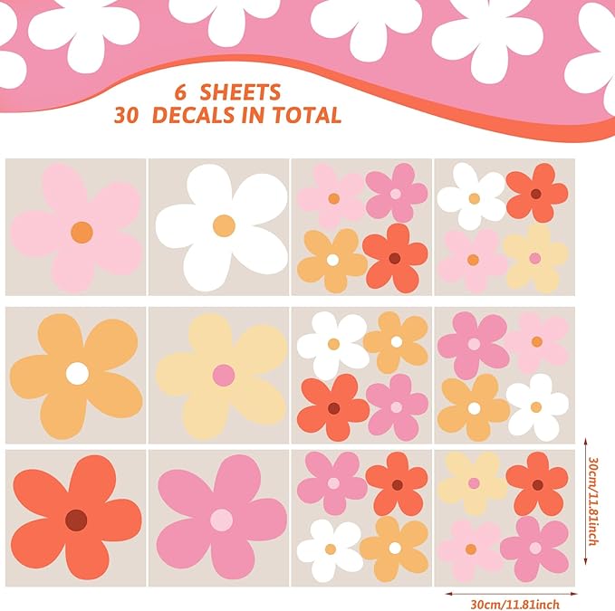 TaoBary 12 Sheets Daisy Wall Decal Flower Wall Sticker Cute Daisy Sticker Pink White Flower Decal Peel and Stick Floral Wallpaper for Nursery Bedroom Home Decor(Bright Color,Elegant Style)