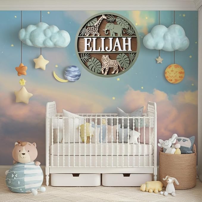 Personalized Name for Nursery Wall, Giraffe Elephant Line Sign for Baby Door Decor, Newborn Gifts for Girl, Girls Nursery Wall Bedroom Decorations, Mother's Day Gifts for New Mom Dad Gift