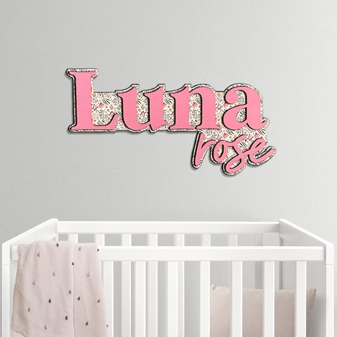 Personalized Nursery Name Sign, Custom Wooden Name Sign with Flowers, 3D Layered Wood Wall Decor for Baby Girl Room, Boho Floral Kids Room Name Plaque, 2 Layer /3