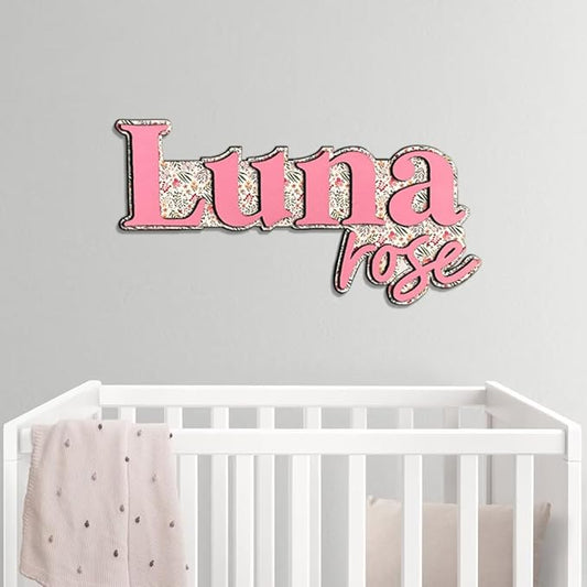 Personalized Nursery Name Sign, Custom Wooden Name Sign with Flowers, 3D Layered Wood Wall Decor for Baby Girl Room, Boho Floral Kids Room Name Plaque, 2 Layer /3