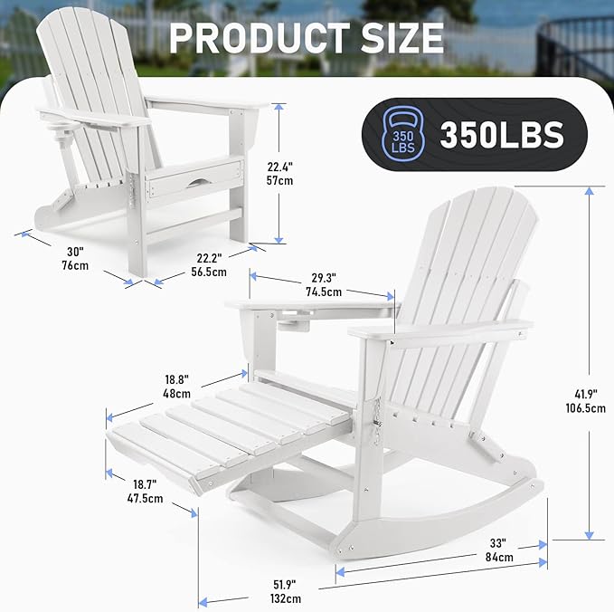 FUNBERRY Adirondack Rocking Chairs Set of 2, Multifunctional 4-in-1 Porch Rocker with Retractable Ottoman & Cup Holder HDPE All Weather