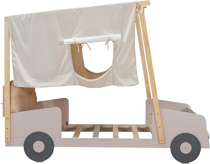 Twin Size Car Bed with Pillow & Car Headlights Shaped LED Light,Wood Kid Bed Frame W/Ceiling Cloth & Magazine Holder,Toy Bedroom Furniture for Boys Toddlers Child,Natural