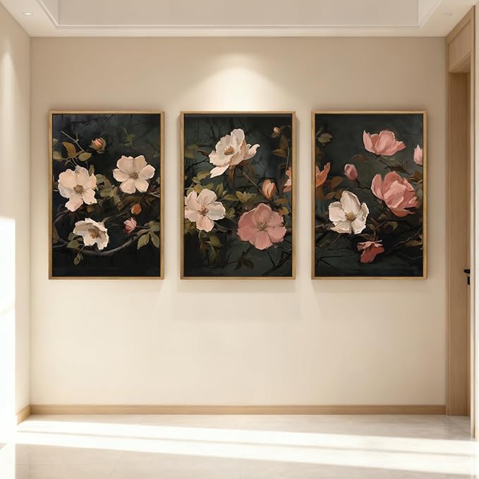 IARTTOP Large Black Floral Framed Canvas Wall Art 16x24 Inch Dark Moody Floral Art Prints Set of 3 Modern Botanical Wildfower Wall Decor for Living Room Bedroom Office