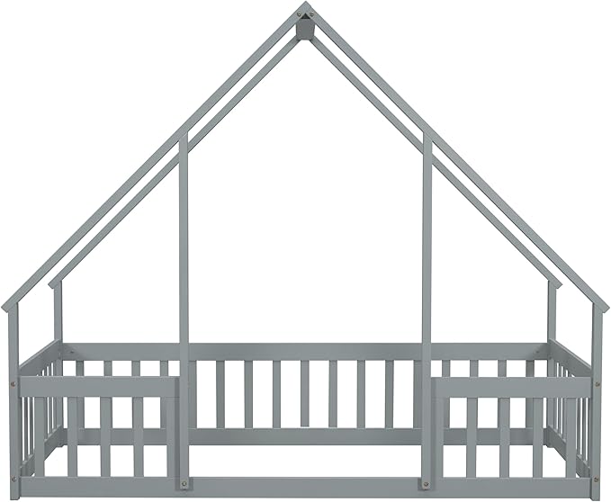 Bellemave Twin Floor Bed for Kids, Girls, Boys, Wood House Bed Frame, House Floor Bed, Twin Size Montessori Floor Bed with Fence, Playhouse, Gray