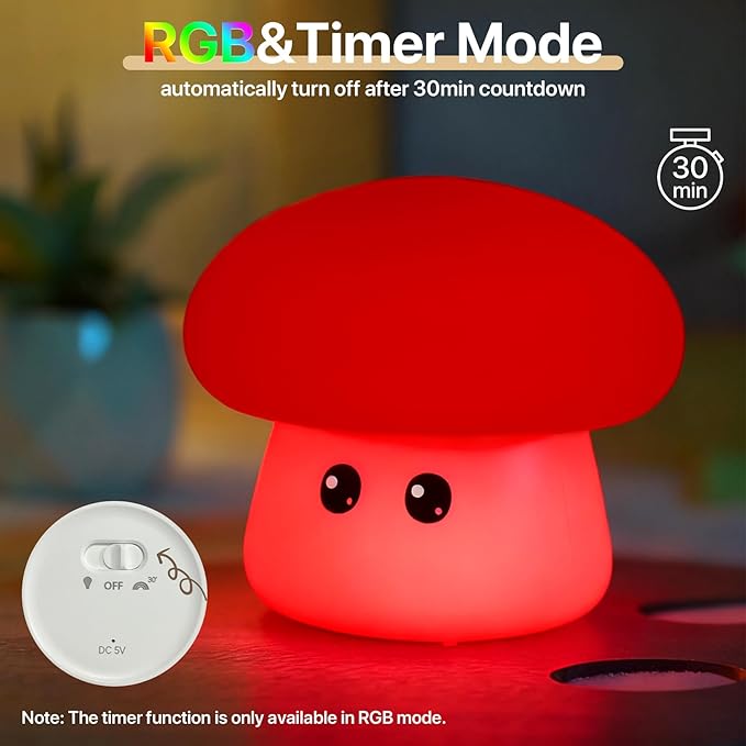 Cute Mushroom Night Light for Kids Rechargeable, Battery Operated Nightlight 3 Level Dimmable with RGB&Timer, Silicone Touch Nursery Lamp for Baby Girls Boys Bedroom Gifts