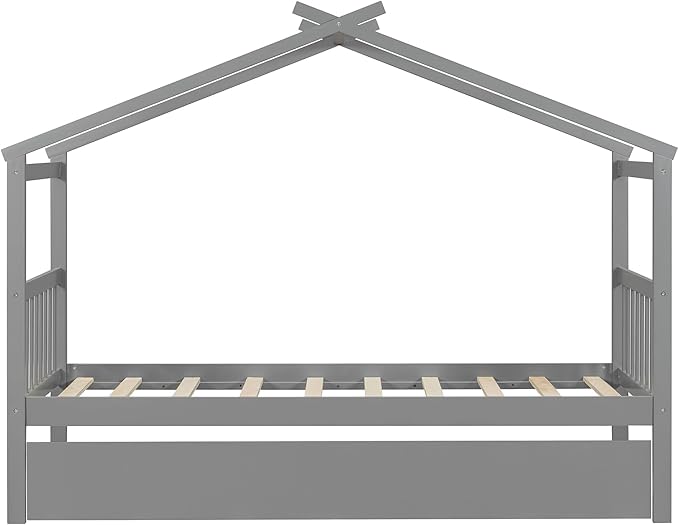 Harper & Bright Designs Twin House Bed for Kids, Wood Platform Bed with Trundle, Montessori Bed with Roof, Playhouse Trundle Beds for Kids,Teens, Bedroom, Gray