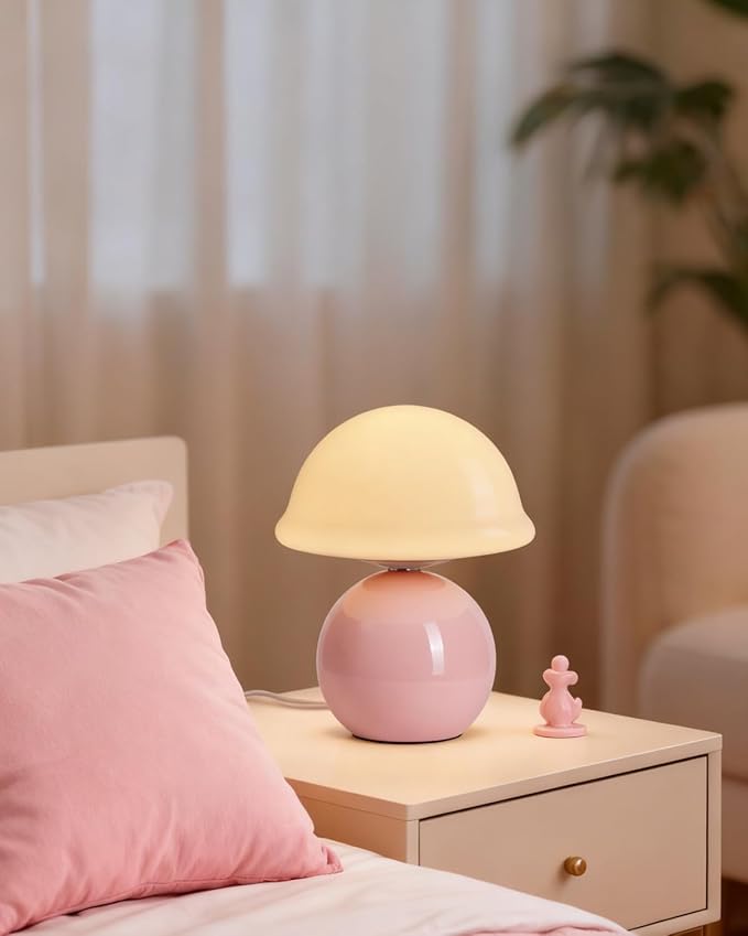 Mushroom Lamp for Bedroom, Cute Small Bedside Table Lamp with Glass Lampshade, Dimmable Nightstand Lamp Mid Century Modern Lamp for Home Living Room Decor (Pink)