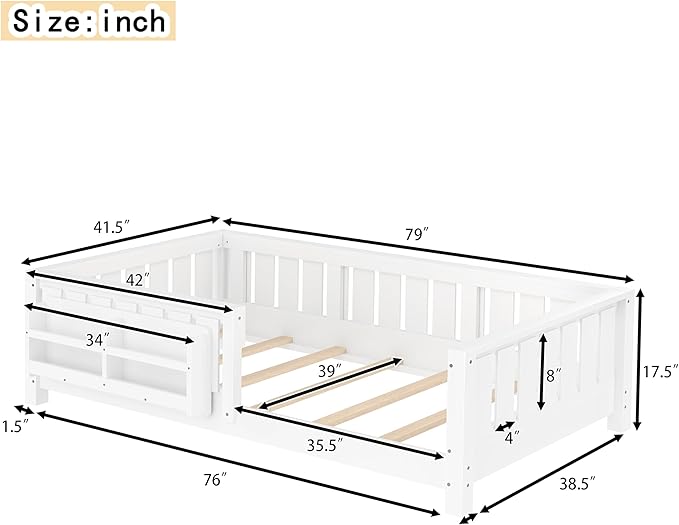 Bellemave Twin Size Floor Bed with high Rails and with Built-in Bookshelf for Kids, Girls, Boys, Wood Montessori Floor Bed Without Door, White
