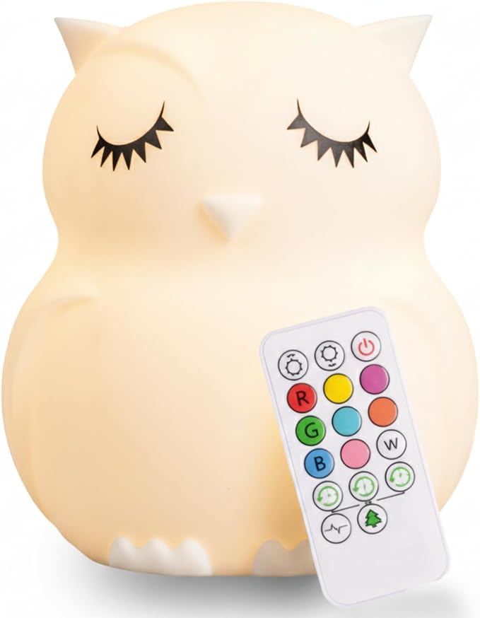 Lumipets Remote Control Silicone Night Light for Kids - Owl Design with 9 Soft Colors & Sleep Timer - Rechargeable, Battery-Operated Lamp for Bedroom | Baby Nursery, Toddler, Girls, Boys