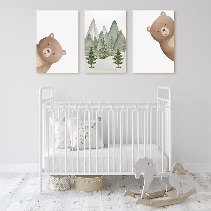 Peeking Bear Nursery Wall Decor, Woodland Nursery Nature Print, Neutral Baby Animals Wall Art for Kid Bedroom, Forest Mountain Wall Art for Baby Boy Girl Bedroom, Framed Canvas, 12"x16"x3