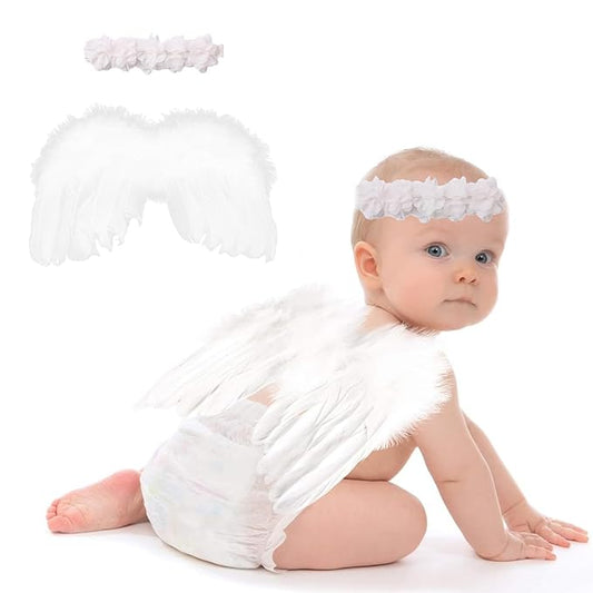 2PCS White Angel Wings With Flower Headband For Newborn Infant Photography Props Soft Fairy Feather Wings For Toddlers Kids Girls Gifts(Color B, One Size)