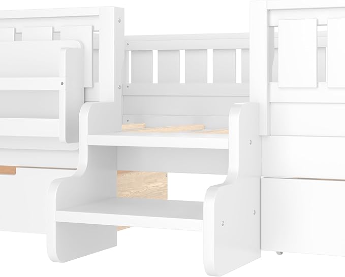 Bellemave Full Size Kids Bed with high Rails and with Built-in Bookshelf and Drawers for Kids, Girls, Boys, Wood Montessori Bed Without Door, White