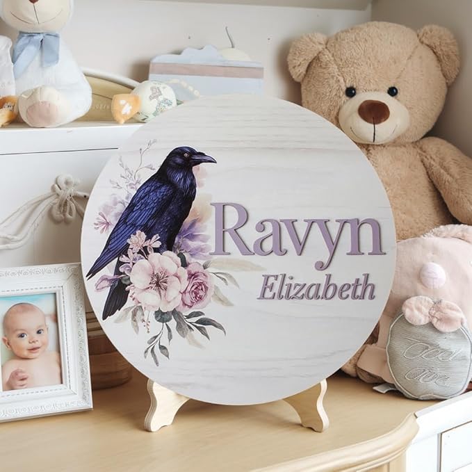 Personalized Baby Name Signs for Nursery, Flowers Raven Sign for Baby Door Decor, Newborn Gifts for Girl, Girls Nursery Wall Bedroom Decorations, Mother's Day Gifts for New Mom Dad Gift