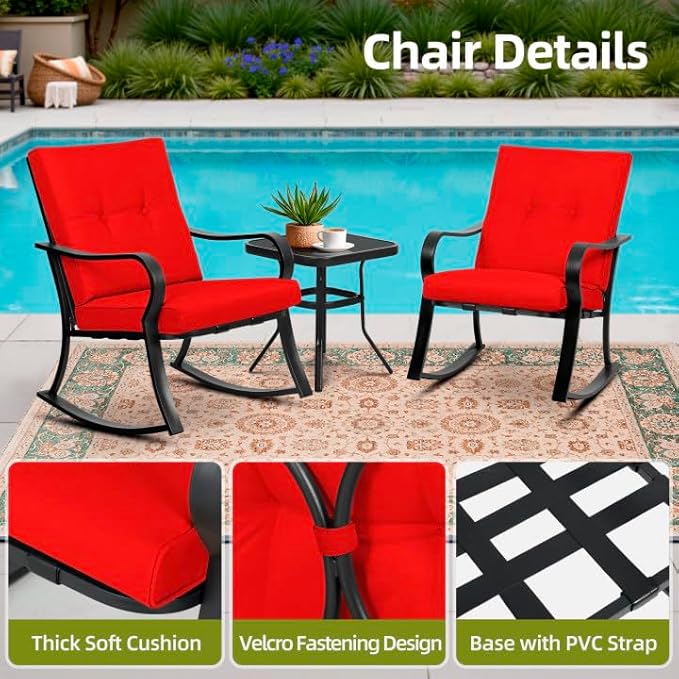 SUNCROWN Outdoor 3-Piece Rocking Chairs Patio Bistro Set Black Steel Furniture with Thickened Cushion and Glass-Top Coffee Table, Red
