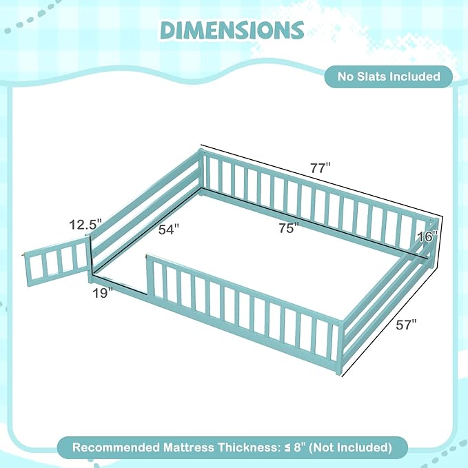 Giantex Full Floor Bed with Door & Fence, Kids Wood Montessori Beds with Safety Guardrails, Floor Bed Twin for Kids, Boys, Girls, No Box Spring Needed, ICY Aqua