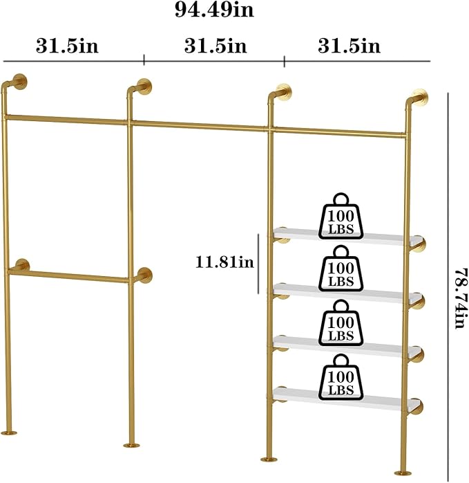 Industrial Pipe Clothes Rack, Gold Clothing Rack with Shelves, Wall Mounted Clothes Rack Heavy Duty Closet Organizers Wardrobe Multi-Purpose Storage Clothes Hanging Shelf - 94.5''L Gold