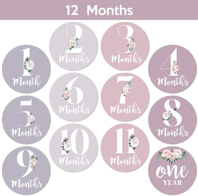 Baby Monthly Stickers - Set of 24 - Floral Baby Girl Milestone Stickers - Perfect for Newborn Girls - Month to Month Milestones - Purple Mauve Floral Design (Set of 24)