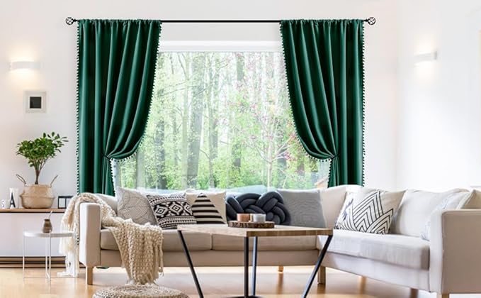 Treatmentex Green Blackout Curtains for Bedroom 90 inch Pom Pom Windows Drapes Cute Decorative Triple Weave Thermal Insulated Curtain Drapes for Nursery Room Studio Hotel 52" w x2 Panels Rod Pocket