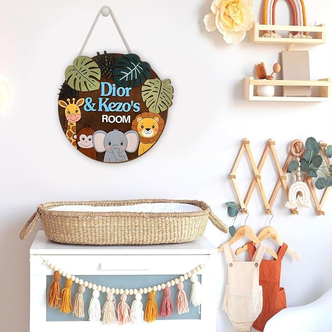 Jungle Theme Wooden Name Sign | Personalized Door Hanger for Nursery Wall Art, Bedroom Decoration, and Playroom Wooden Wall Décor