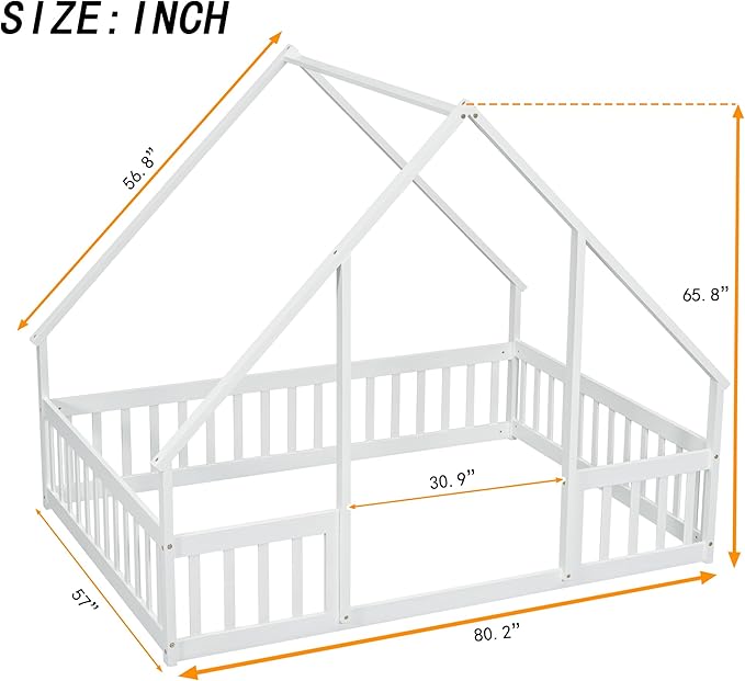Bellemave Full Floor Bed for Kids, Girls, Boys, Wood House Bed Frame, House Floor Bed for Kids, Full Size Montessori Floor Bed with Fence, Playhouse, White