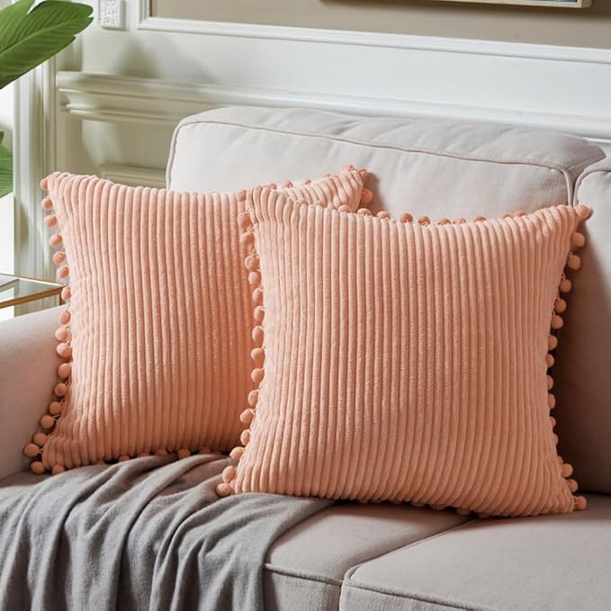 Fancy Homi Pack of 2 Peach Decorative Throw Pillow Covers 20x20 Inch with Pom-poms for Couch Bed Living Room, Farmhouse Boho Home Decor, Soft Corduroy Solid Coarl Square Cushion Case 50x50 cm