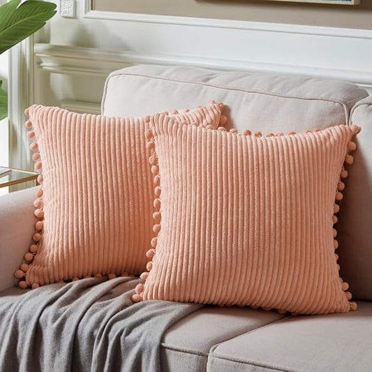 Fancy Homi Pack of 2 Peach Decorative Throw Pillow Covers 20x20 Inch with Pom-poms for Couch Bed Living Room, Farmhouse Boho Home Decor, Soft Corduroy Solid Coarl Square Cushion Case 50x50 cm