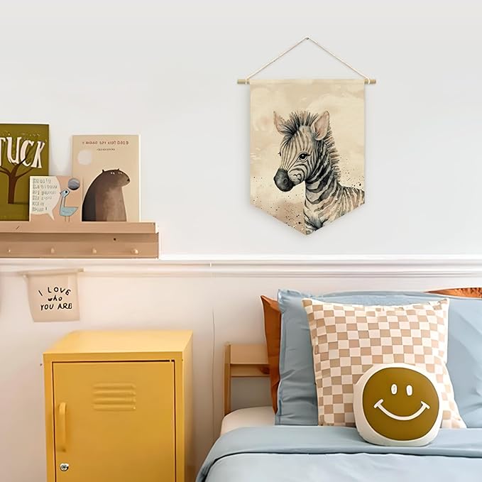 Safari Nursery Decor, Zebra Watercolor Wall Art Canvas Banner, Woodland Nursery Decor, Watercolor Animal for Toddler Room, Cute Zebra Canvas Hanging Pennant Flag Banner, Gift for Baby Girl Boy