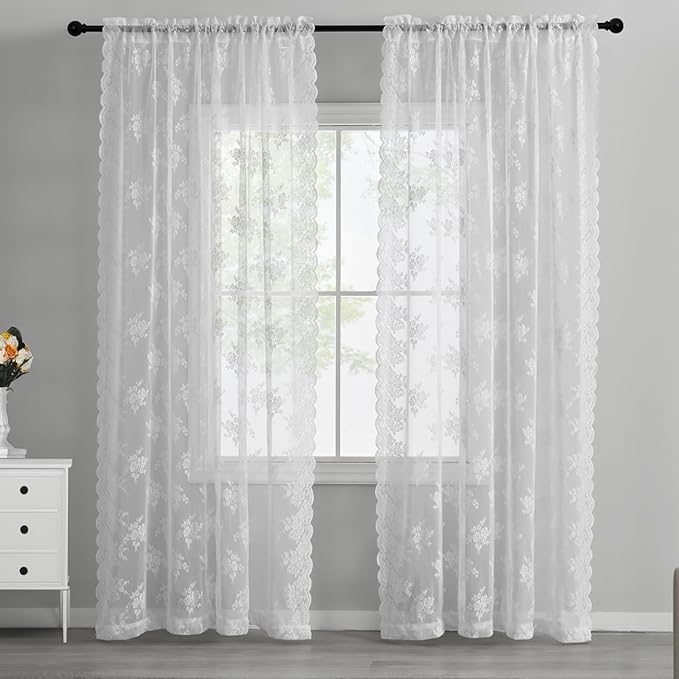 Kotile White Lace Curtains 63 Inch Length 2 Panels, Country Rustic Floral Design Sheer Lace Curtains for Bedroom, Rod Pocket Vintage Privacy Lace Window Panel Set, 42 x 63 Inch Each, White