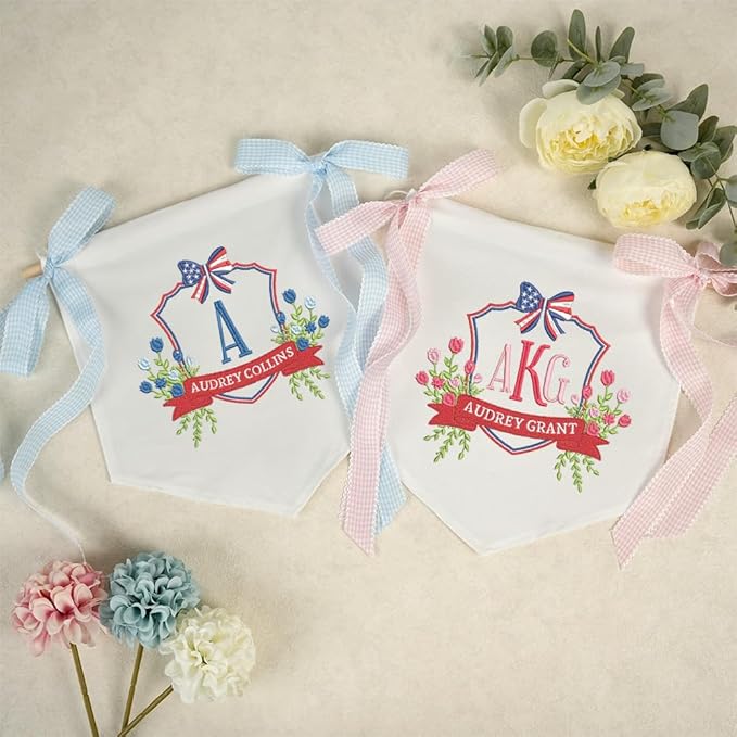 Embroidered Baby Name Sign with Bows Personalized Baby Announcement Sign Newborn Baby Banner Baby Hospital Name Sign Canvas Hanging Pennant Flag Custom Infant Baby Name Baby Shower Banner (15)