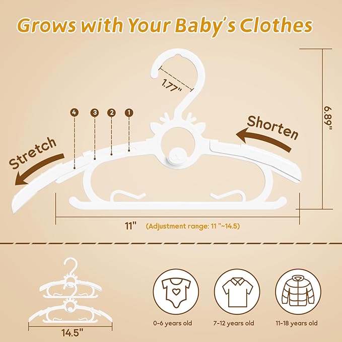 Baby Clothes Hangers 80PCS, 11"-14" Extendable and Stackable Kids Hangers, 45g Ultra-Thick Space Saving Non-Slip Plastic Hanger for Infant, Toddler and Nursery Closet (White, 80PCS)