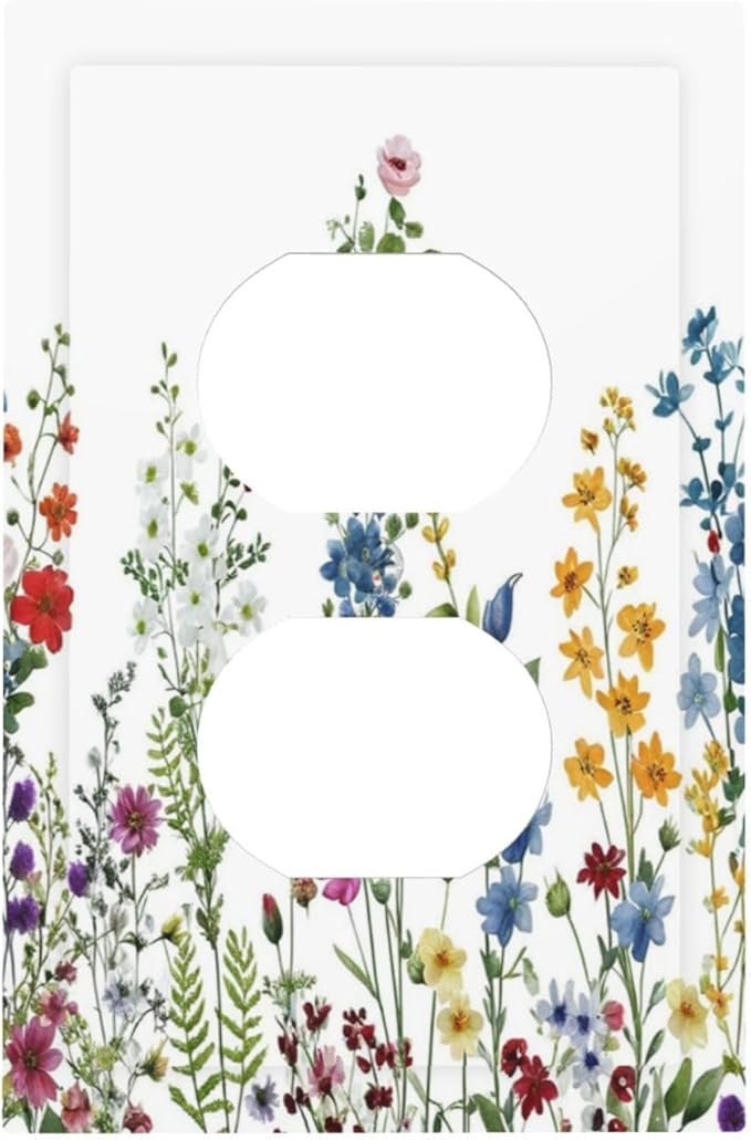 Decorative Outlet Covers Colorful Wildflowers Plants Flowers on White Background 1 Gang Duplex Light Switch Cover Plate Electrical Switch plate Covers Wallplates Receptacle Covers for Home Decor
