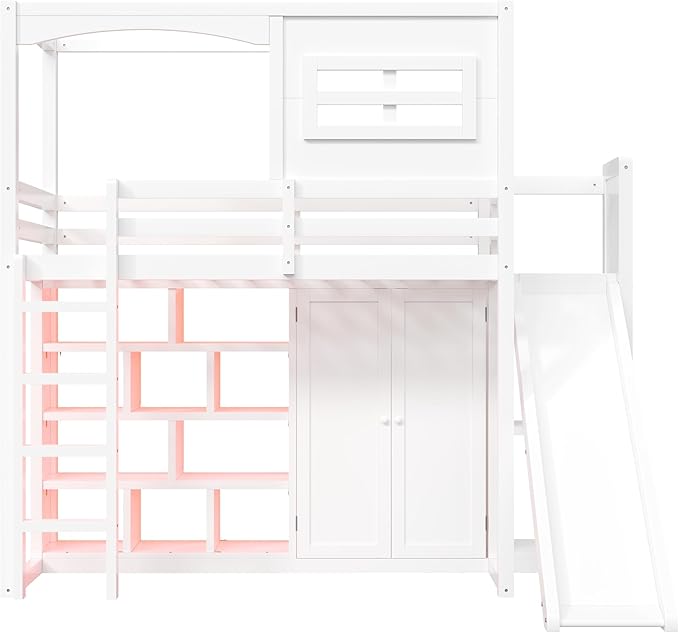 Playhouse Style Loft Bed Twin Size with Slide and Ladder, Solid Wood Loft Bed Frame with Wardrobe and Storage Shelves for Kids Teens, Maximize Space