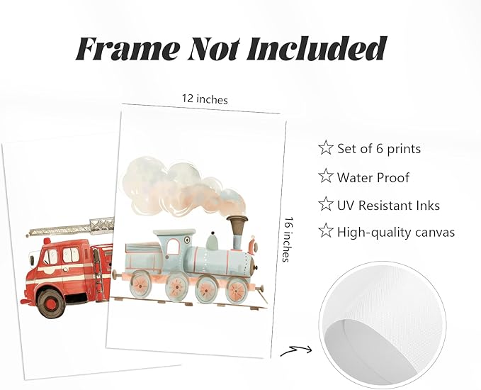 Car Wall Art Boys Room Canvas Wall Decor Nursery Prints Transportation Vehicle Wall Art Kids Toddler Posters Construction Truck Pictures Boy Nursery Artwork for Bedroom Playroom 12x16x6 Inch Unframed
