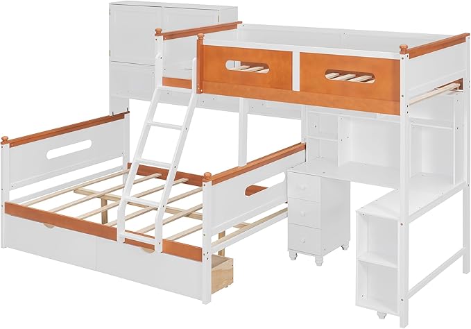 Twin Over Full Bunk Bed with Desk and Drawers, Wooden Bunk Bed with Shelves and Cabinet for Kids Teens Adult Bedroom, Space Saving Design