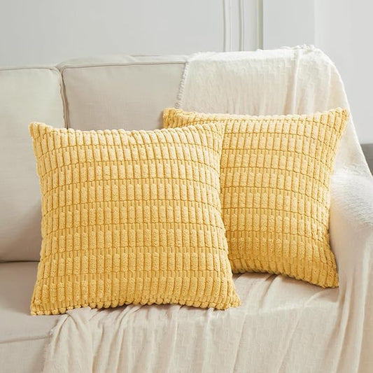 Fancy Homi 2 Packs Yellow Decorative Throw Pillow Covers 18x18 Inch for Living Room Couch Bed Sofa, Rustic Farmhouse Boho Home Decor, Soft Striped Corduroy Square Cushion Case 45x45 cm