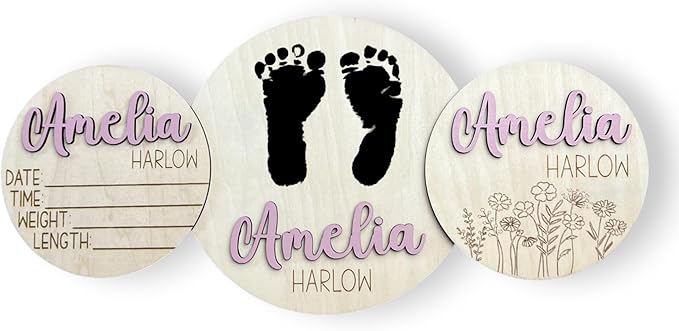 Personalized Birth Announcement Name Sign, Stat Sign and Footprint Sign Bundle of All 3 Signs, Newborn Hospital Photo Prop, 19 Font Options, 30 Colors (3 Sign Bundle - Name, Stat & Footprint)
