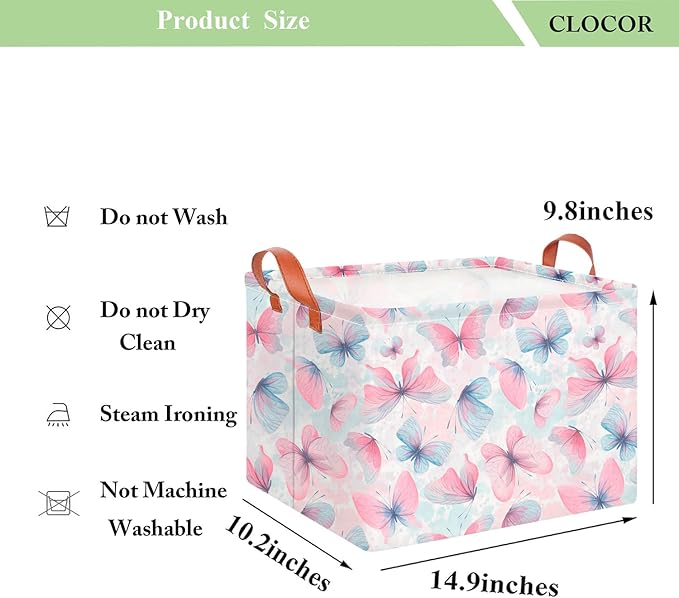 CLOCOR Rectangular Butterfly Print Gift Basket Empty,Waterproof Storage Basket with Handles, Books Box,Room Decor(Pink & Purple Butterfly)